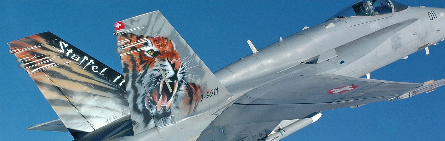 Ein Jet der Staffel 11 fliegt hoch, mit Tigermuster-Lackierung an den Flügeln.